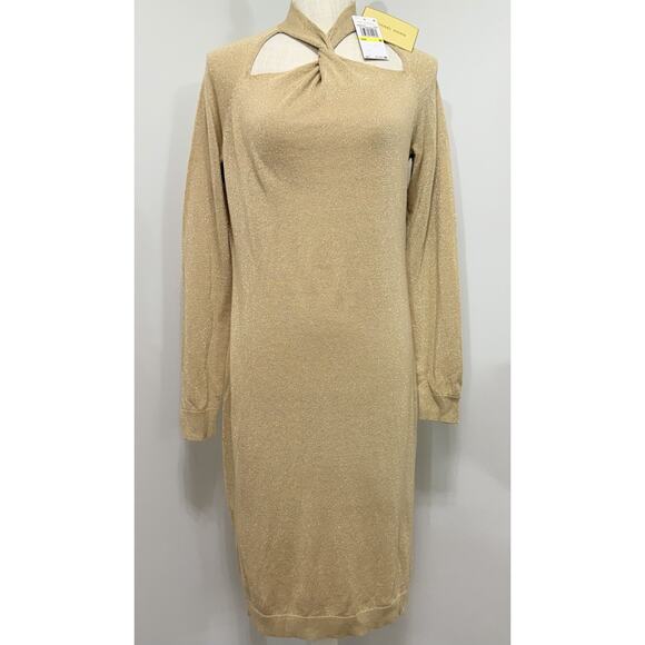 NEW Michael Kors Sweater Dress Khaki Metallic Twist Neck Long Sleeve Medium M - Picture 1 of 3